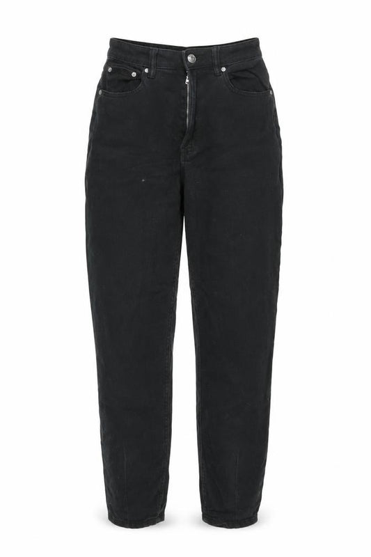 Front view of H&M women’s black cotton mom jeans, size UK 8, 28-inch leg regular zip