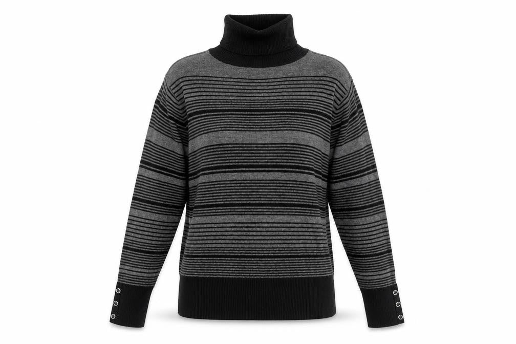 Front view of Debenhams women’s grey roll neck striped viscose jumper, size UK 14