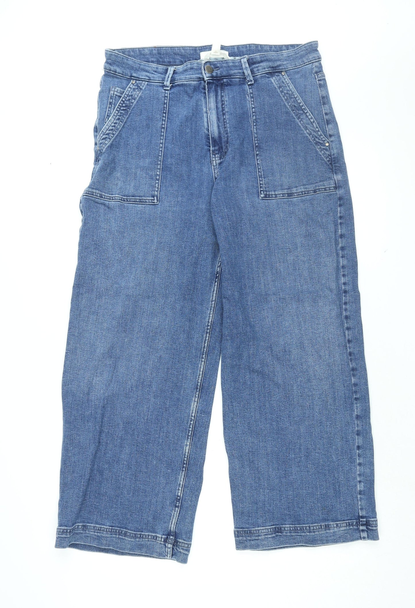 Per Una Womens Blue Cotton Wide-Leg Jeans Size 16 L28.5 in Regular Zip