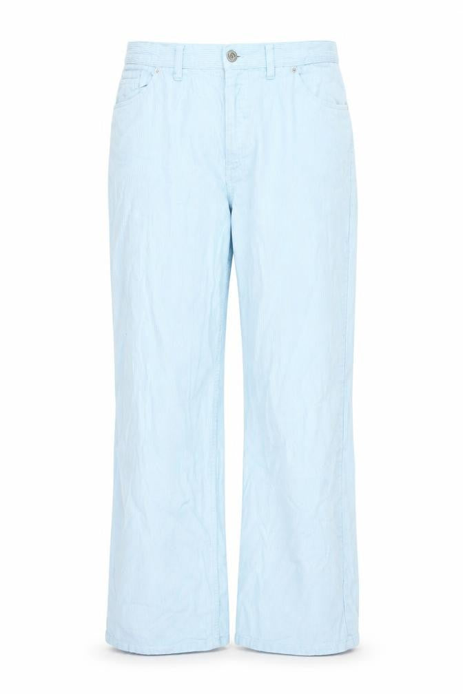 Front view of Monki women’s blue cotton wide-leg jeans, size UK 16, 30-inch leg regular zip