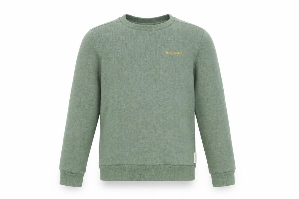 Front view of Quechua boys’ green round neck polyester jumper, size 10, years pullover