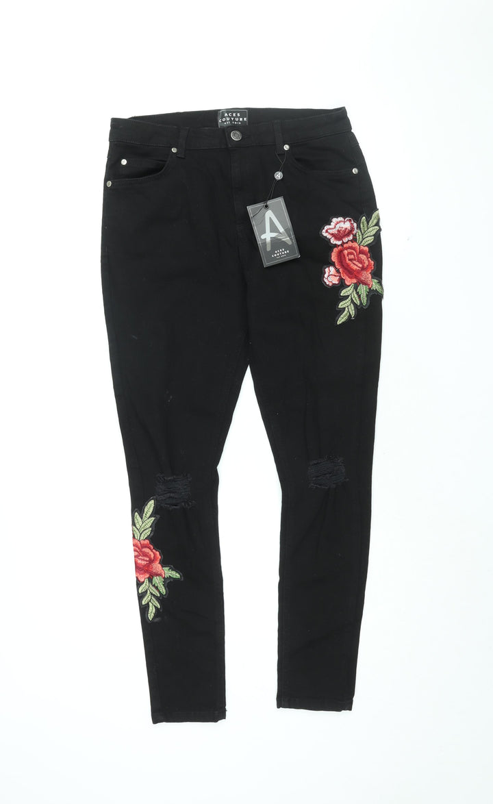 Aces Couture Womens Black Floral Cotton Skinny Jeans Size 6 L28 in Regular Zip