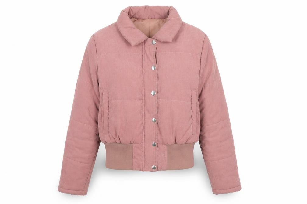 Front view of PRETTYLITTLETHING women’s pink jacket coat, size UK 6, zip