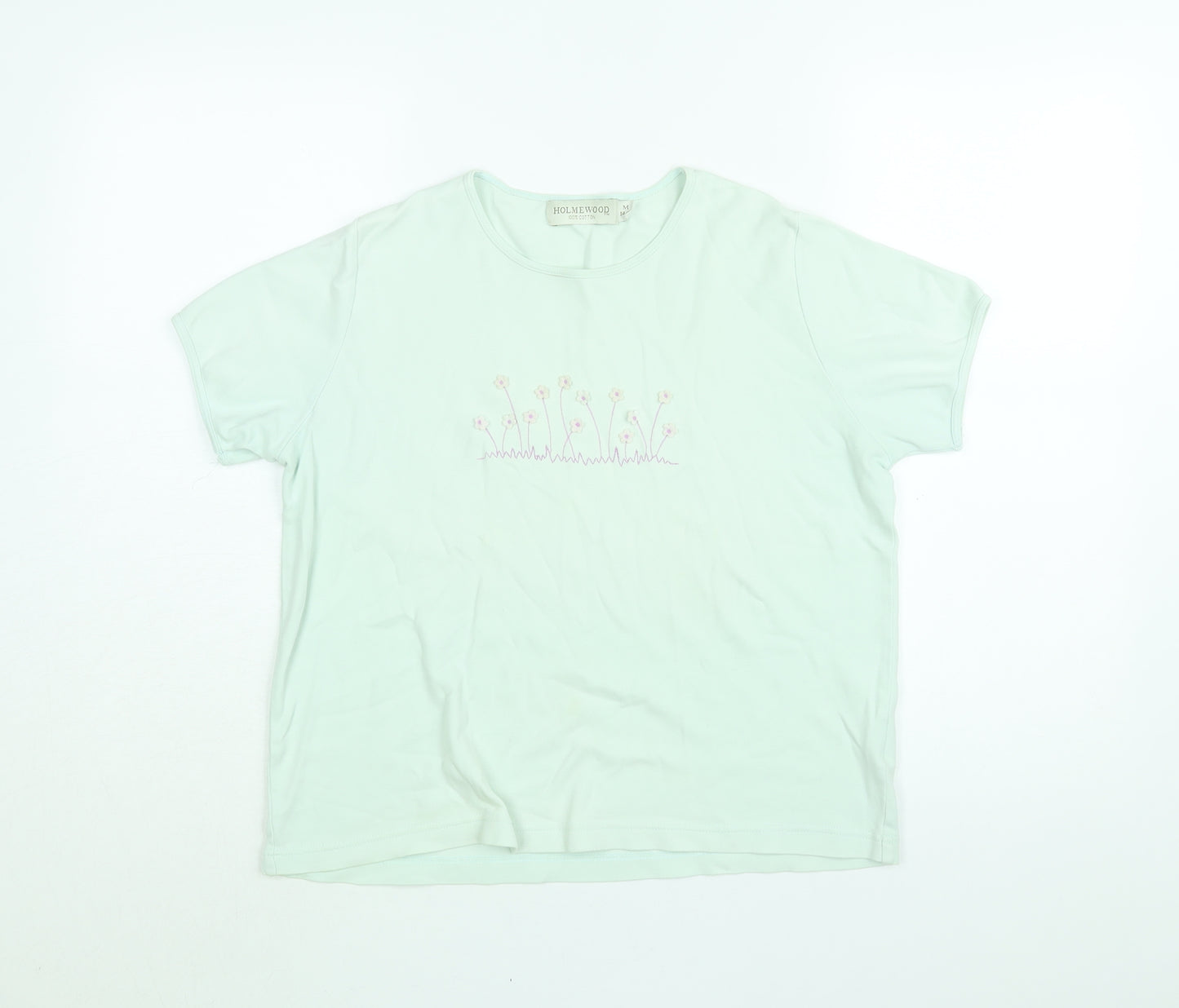 Holmewood Womens Blue Floral Cotton Basic T-Shirt Size 14 Round Neck