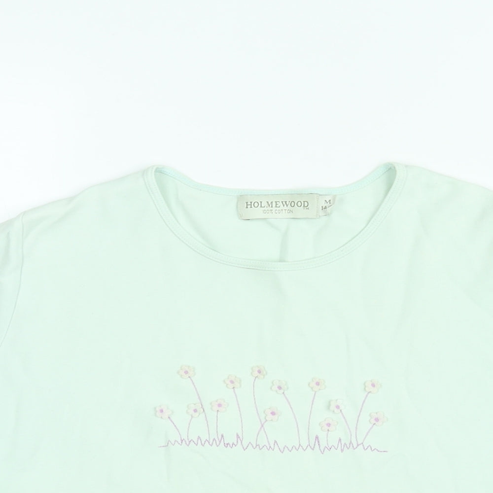 Holmewood Womens Blue Floral Cotton Basic T-Shirt Size 14 Round Neck