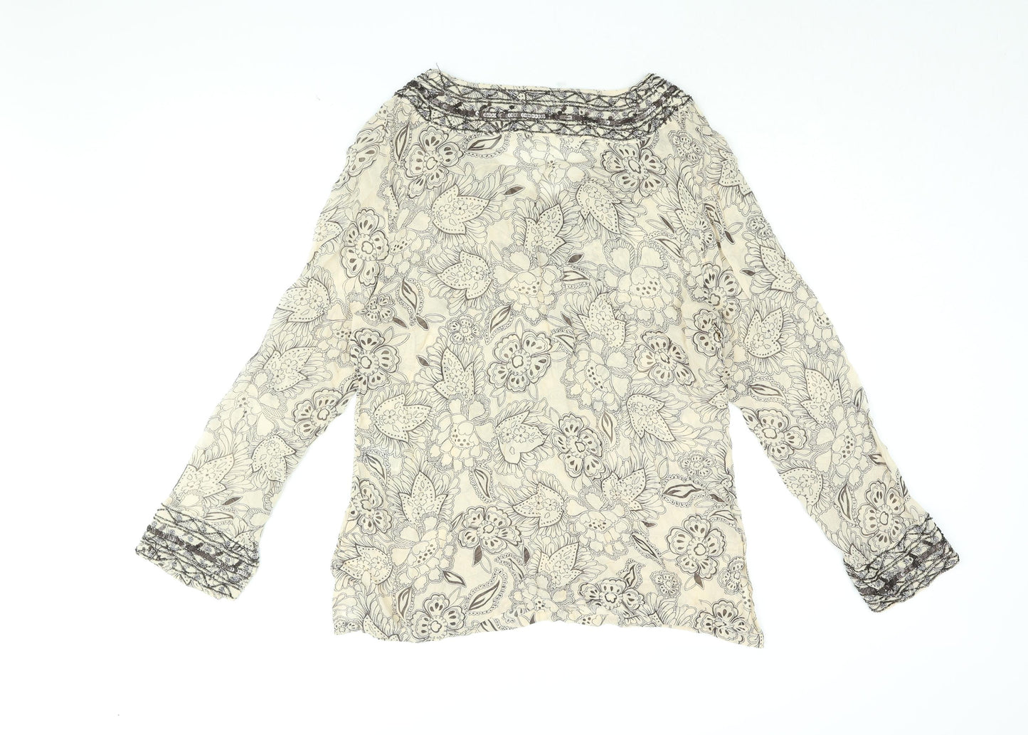 EAST Womens Beige Floral Viscose Basic Blouse Size 14 V-Neck