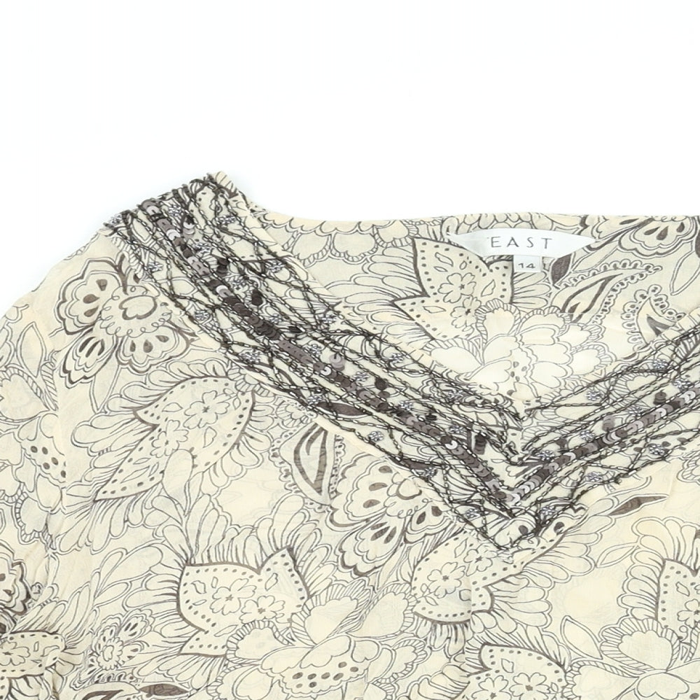 EAST Womens Beige Floral Viscose Basic Blouse Size 14 V-Neck