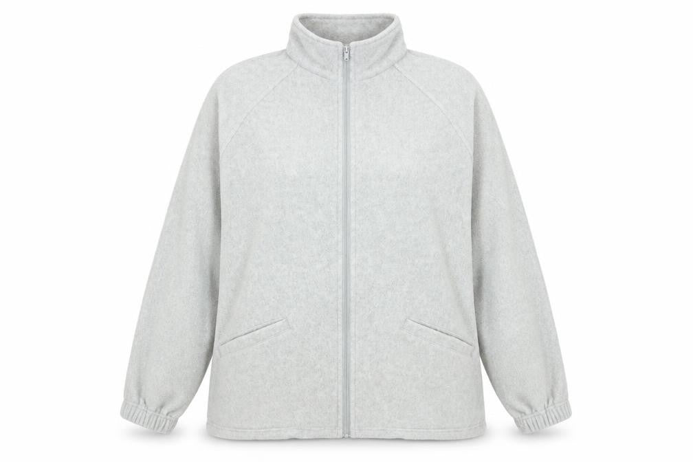 Front view of Casual Comfort women’s grey polyester full zip sweatshirt, size UK 18, zip