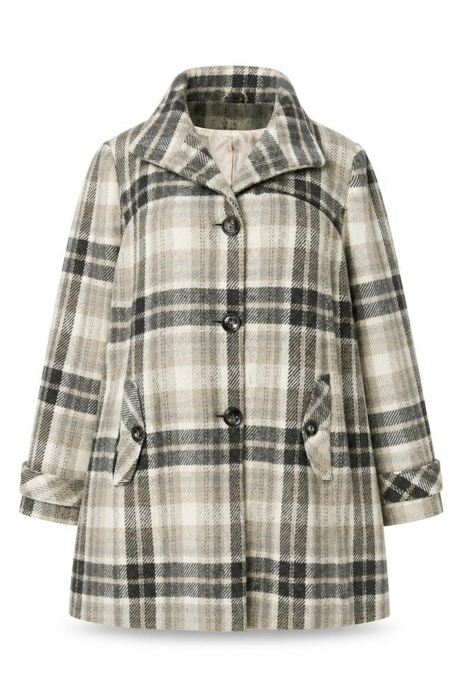 Front view of Debenhams women’s beige plaid overcoat coat, size UK 22, button