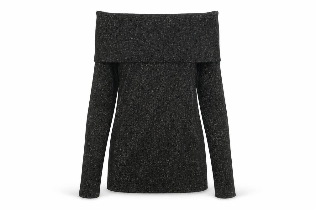 Front view of Oasis women’s black viscose basic t-shirt, size S, off the shoulder