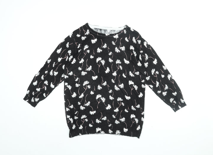 Debenhams Womens Black Round Neck Floral Viscose Pullover Jumper Size 14