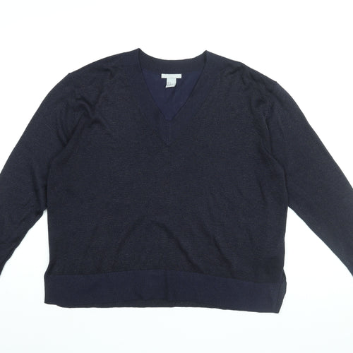 H&M Womens Blue V-Neck Viscose Pullover Jumper Size M - Glitter Detail
