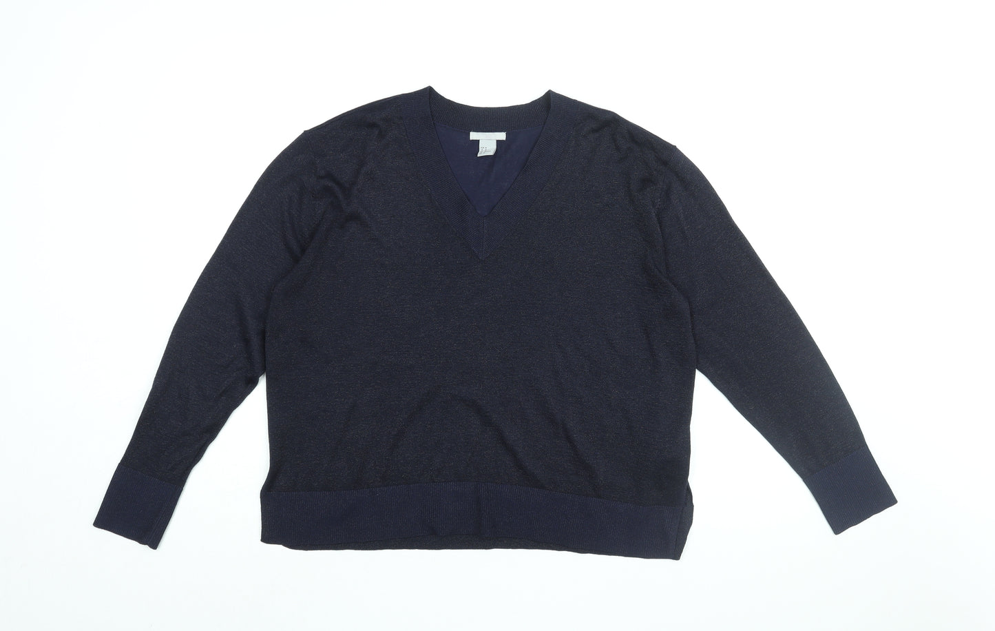 H&M Womens Blue V-Neck Viscose Pullover Jumper Size M - Glitter Detail