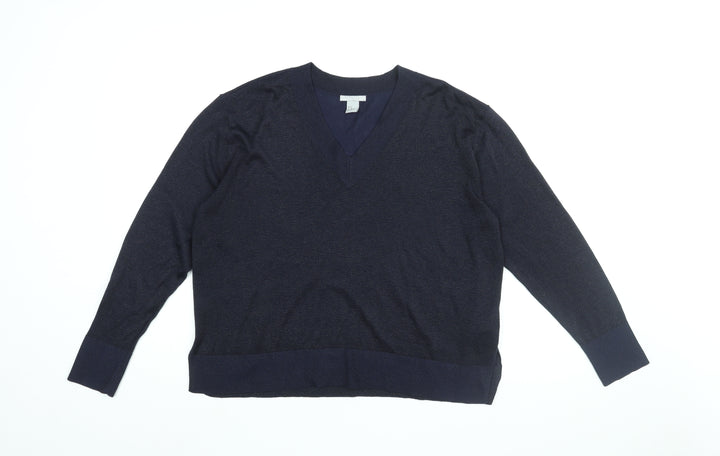 H&M Womens Blue V-Neck Viscose Pullover Jumper Size M - Glitter Detail