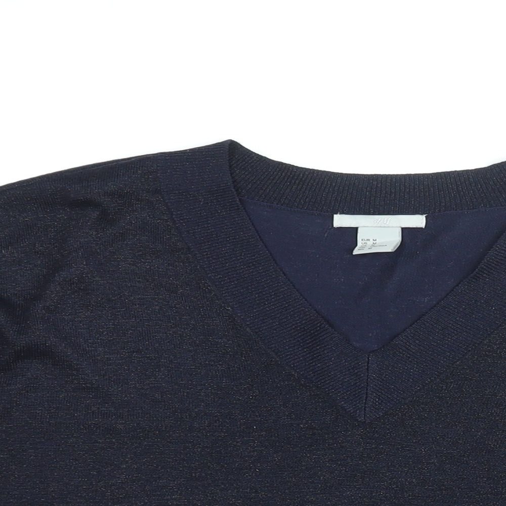 H&M Womens Blue V-Neck Viscose Pullover Jumper Size M - Glitter Detail