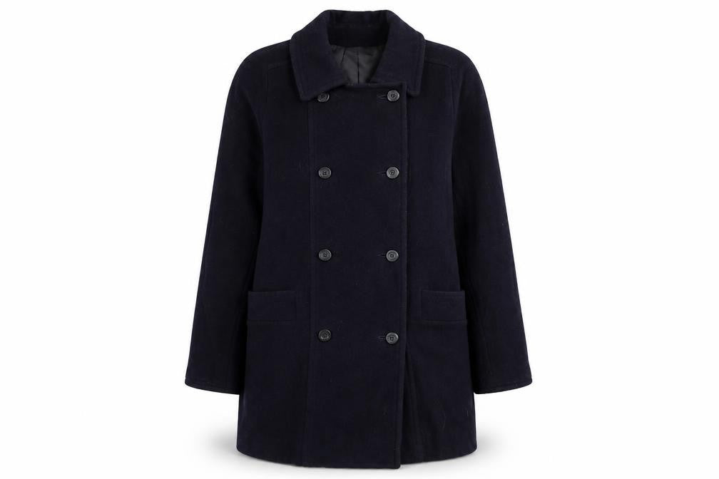 Front view of Klass women’s blue overcoat coat, size UK 10, button