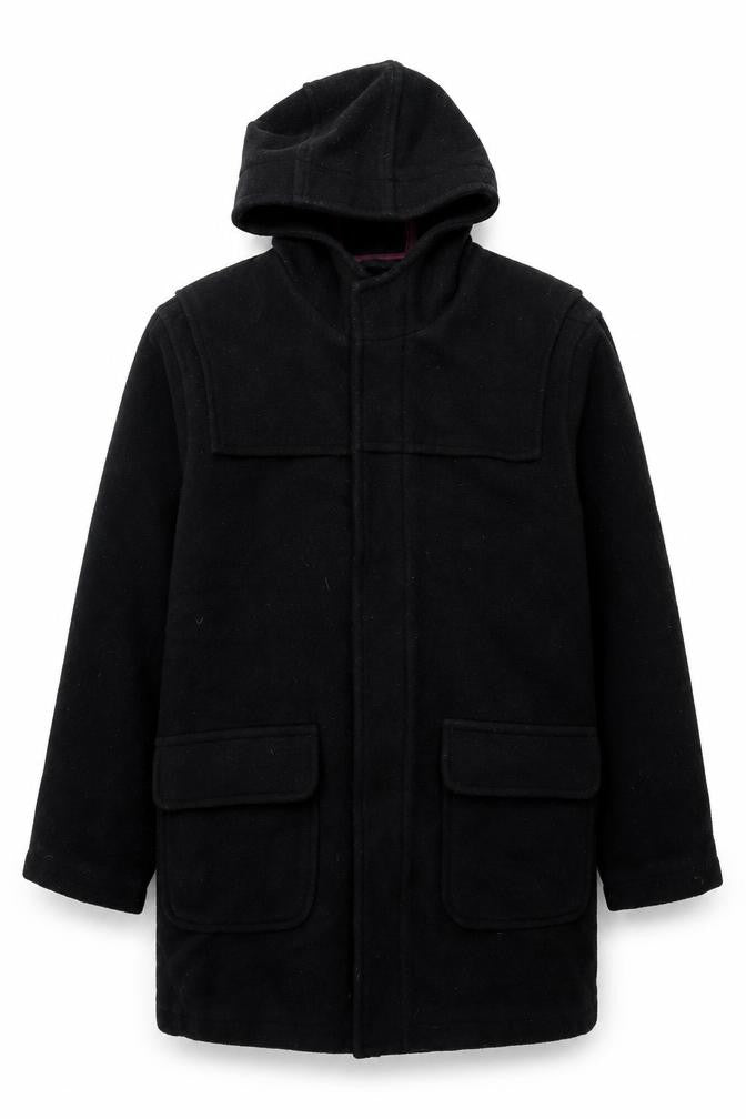 Front view of Red Herring men’s black overcoat coat, size M, zip