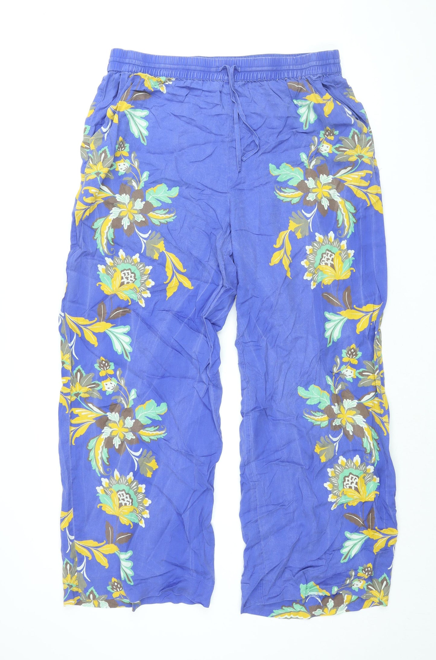 Jaeger Womens Blue Floral Lyocell Trousers Size 18 L28.5 in Regular Drawstring