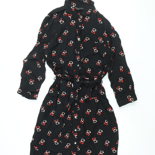 Dorothy Perkins Womens Black Geometric Viscose Shirt Dress Size 12 Collared Button - Belted, Heart Print