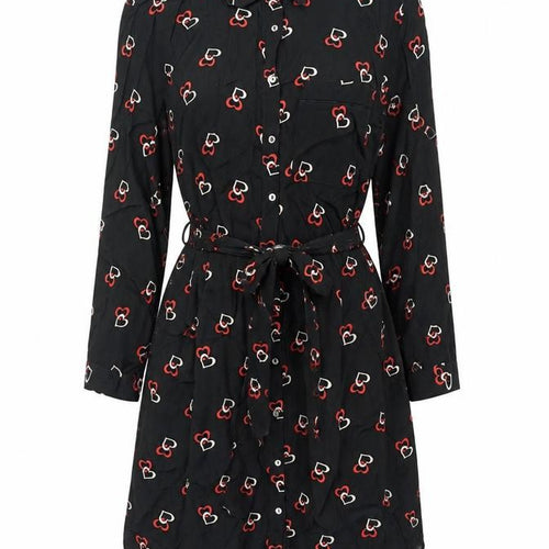 Dorothy Perkins Womens Black Geometric Viscose Shirt Dress Size 12 Collared Button - Belted, Heart Print