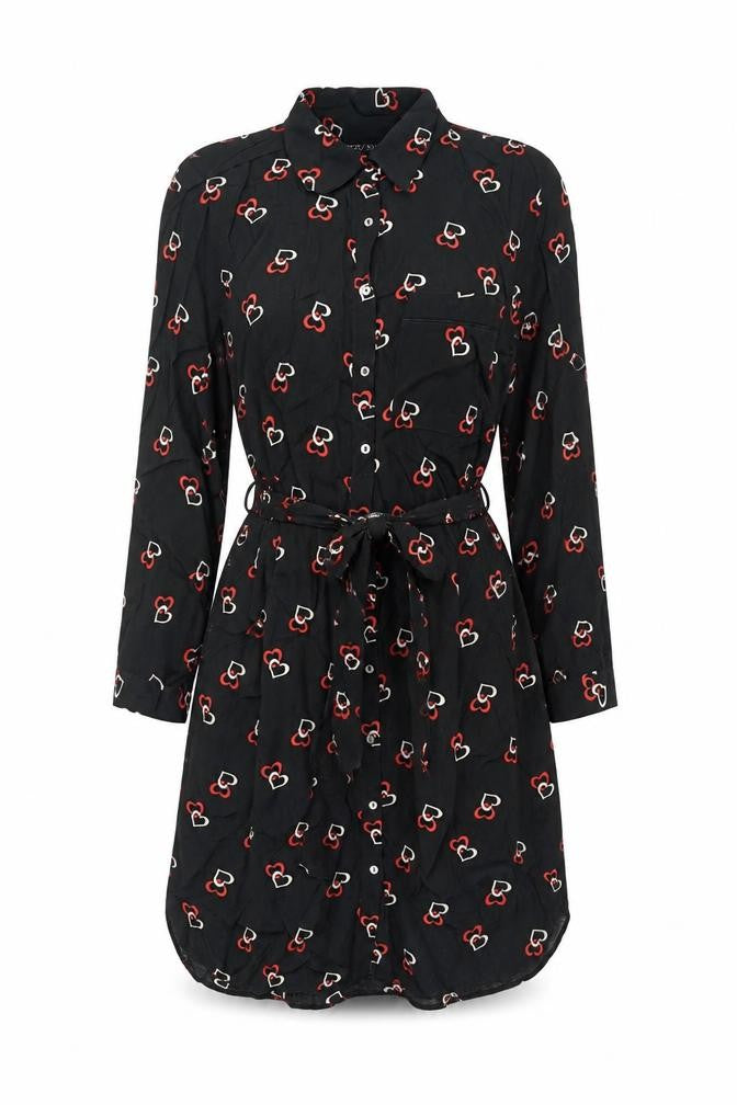 Dorothy Perkins Womens Black Geometric Viscose Shirt Dress Size 12 Collared Button - Belted, Heart Print