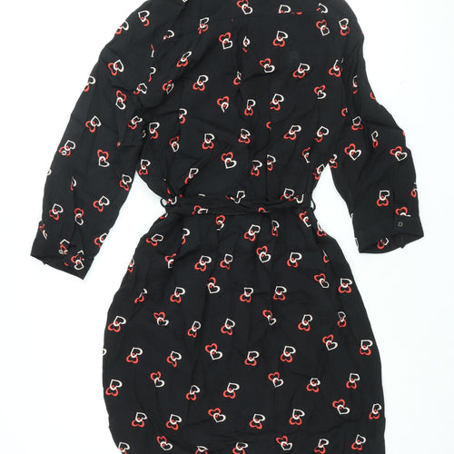 Dorothy Perkins Womens Black Geometric Viscose Shirt Dress Size 12 Collared Button - Belted, Heart Print