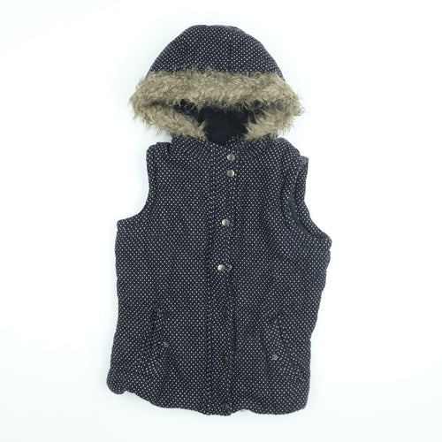By Henry Holland Womens Blue Polka Dot Gilet Coat Size 10 Zip - Faux Fur Hood