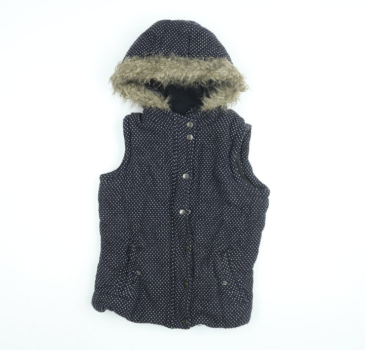 By Henry Holland Womens Blue Polka Dot Gilet Coat Size 10 Zip - Faux Fur Hood