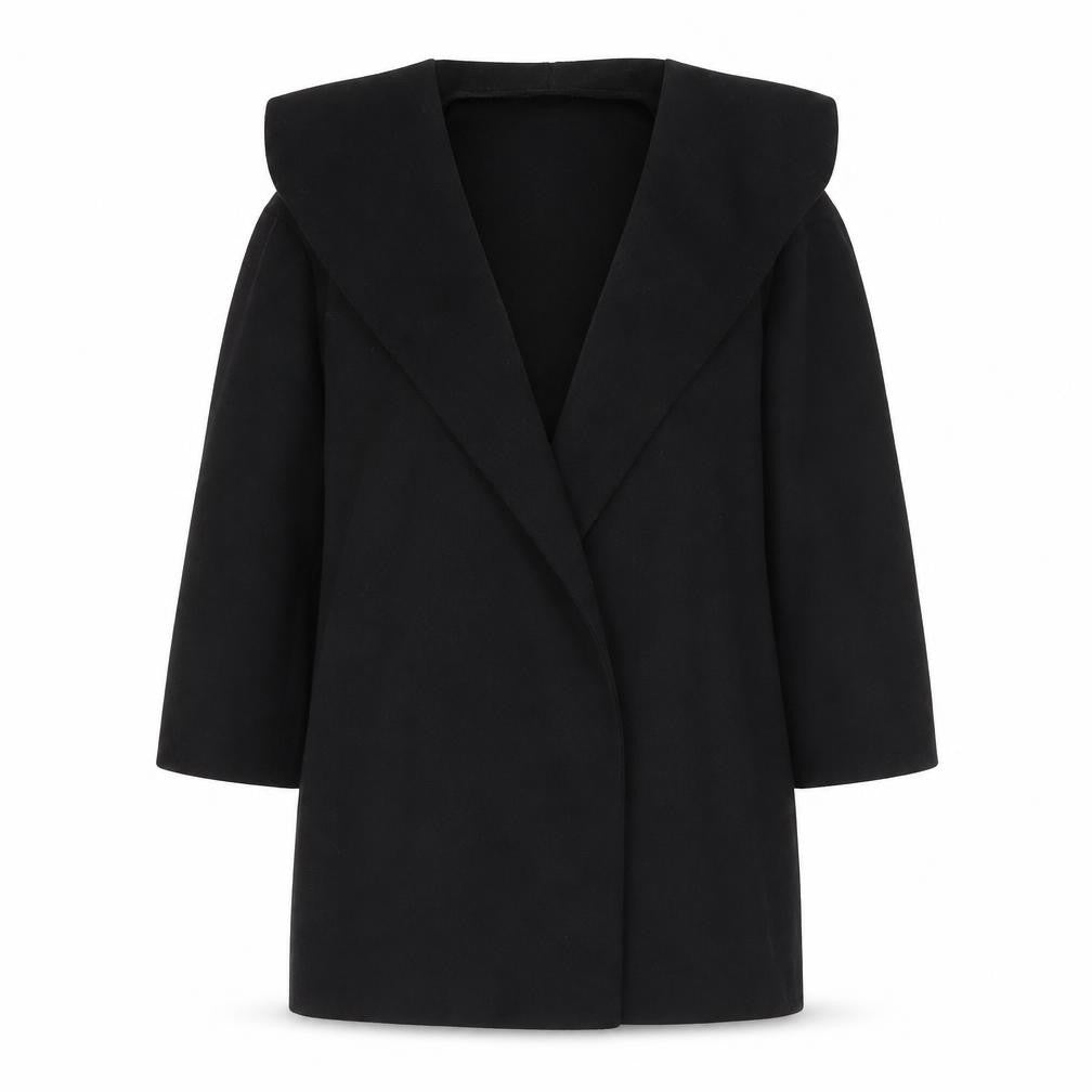 Front view of Quiz women’s black overcoat coat, size UK 8