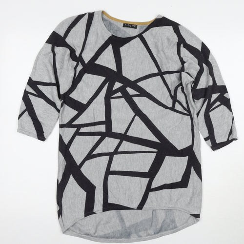 Viz-a-Viz Womens Grey Round Neck Geometric Viscose Pullover Jumper Size S