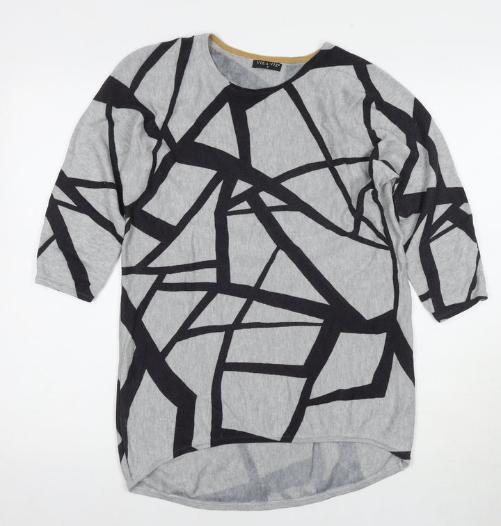 Viz-a-Viz Womens Grey Round Neck Geometric Viscose Pullover Jumper Size S