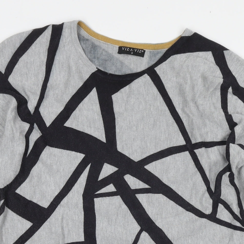 Viz-a-Viz Womens Grey Round Neck Geometric Viscose Pullover Jumper Size S