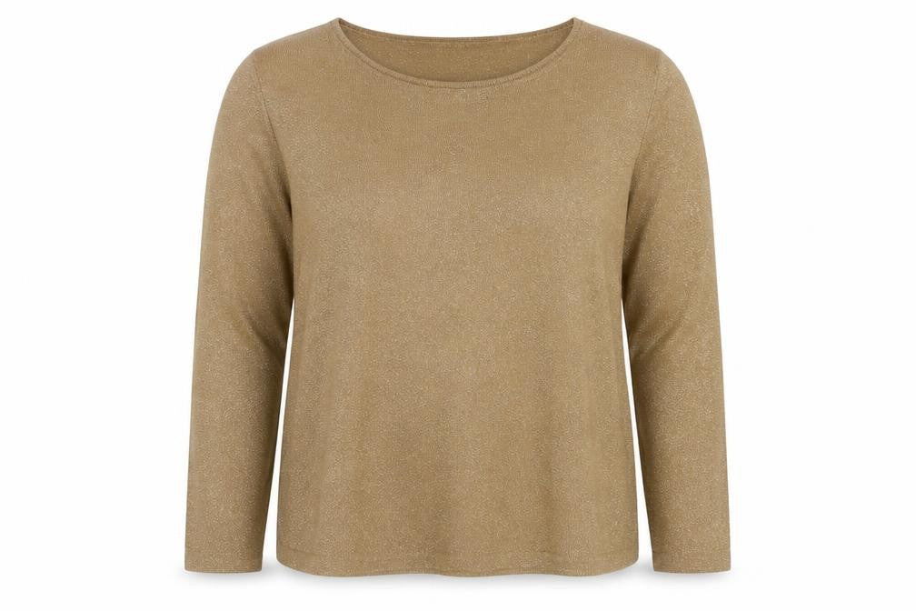 Front view of Persona women’s brown round neck wool jumper, size L, - glitter detail