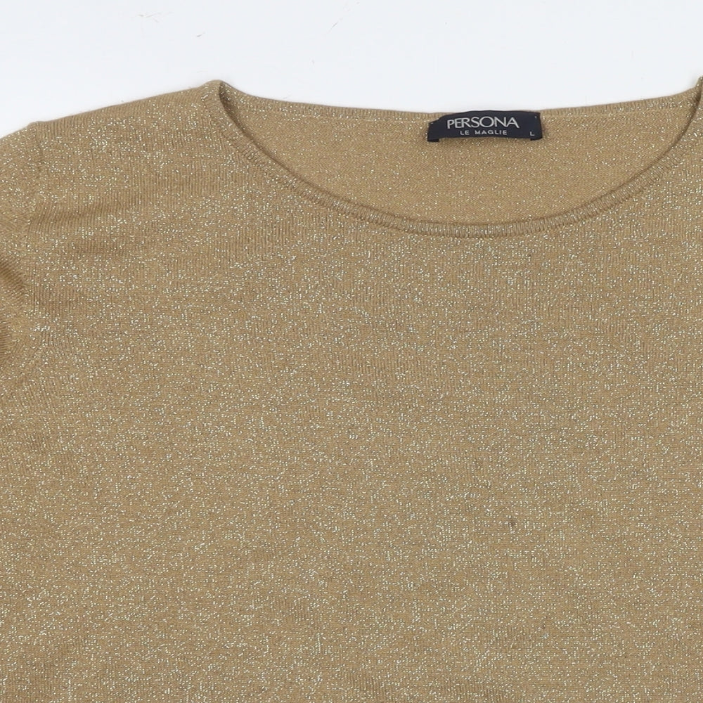 Persona Womens Brown Round Neck Wool Pullover Jumper Size L - Glitter Detail