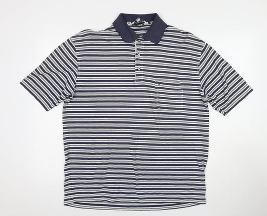 Pierre Cardin Mens Blue Striped Cotton Polo Size L Collared Pullover