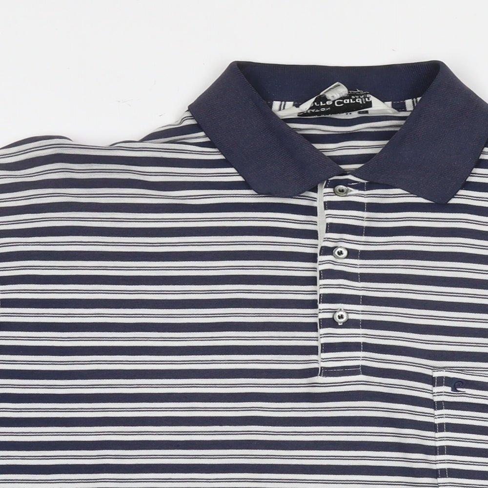 Pierre Cardin Mens Blue Striped Cotton Polo Size L Collared Pullover