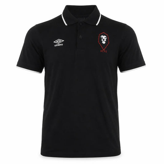 Front view of Umbro men’s black cotton polo, size S, collared pullover - logo s.c.f.c