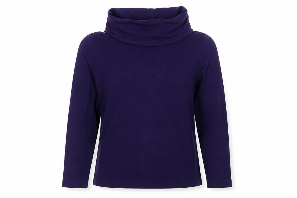 Front view of Lands' End women’s purple cotton basic blouse, size M, roll neck