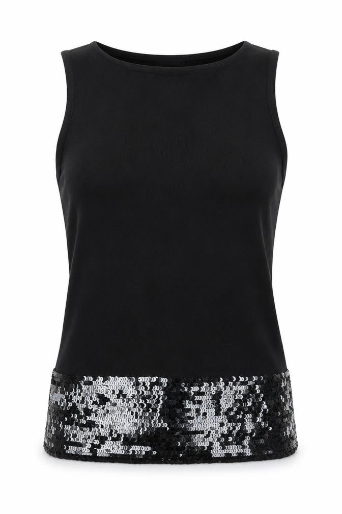 Front view of Episode women’s black wool basic tank, size M, round neck - sequin detail