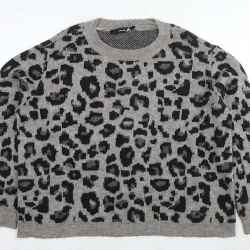 VERO MODA Womens Grey Round Neck Animal Print Acrylic Pullover Jumper Size XL - Leopard Print