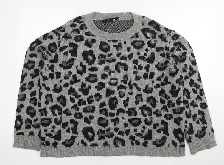 VERO MODA Womens Grey Round Neck Animal Print Acrylic Pullover Jumper Size XL - Leopard Print