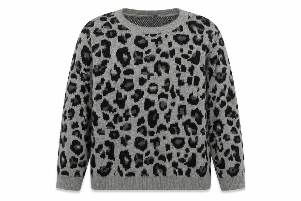 VERO MODA Womens Grey Round Neck Animal Print Acrylic Pullover Jumper Size XL - Leopard Print