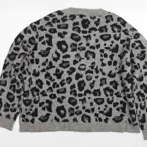 VERO MODA Womens Grey Round Neck Animal Print Acrylic Pullover Jumper Size XL - Leopard Print