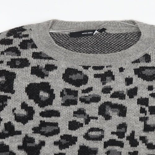 VERO MODA Womens Grey Round Neck Animal Print Acrylic Pullover Jumper Size XL - Leopard Print