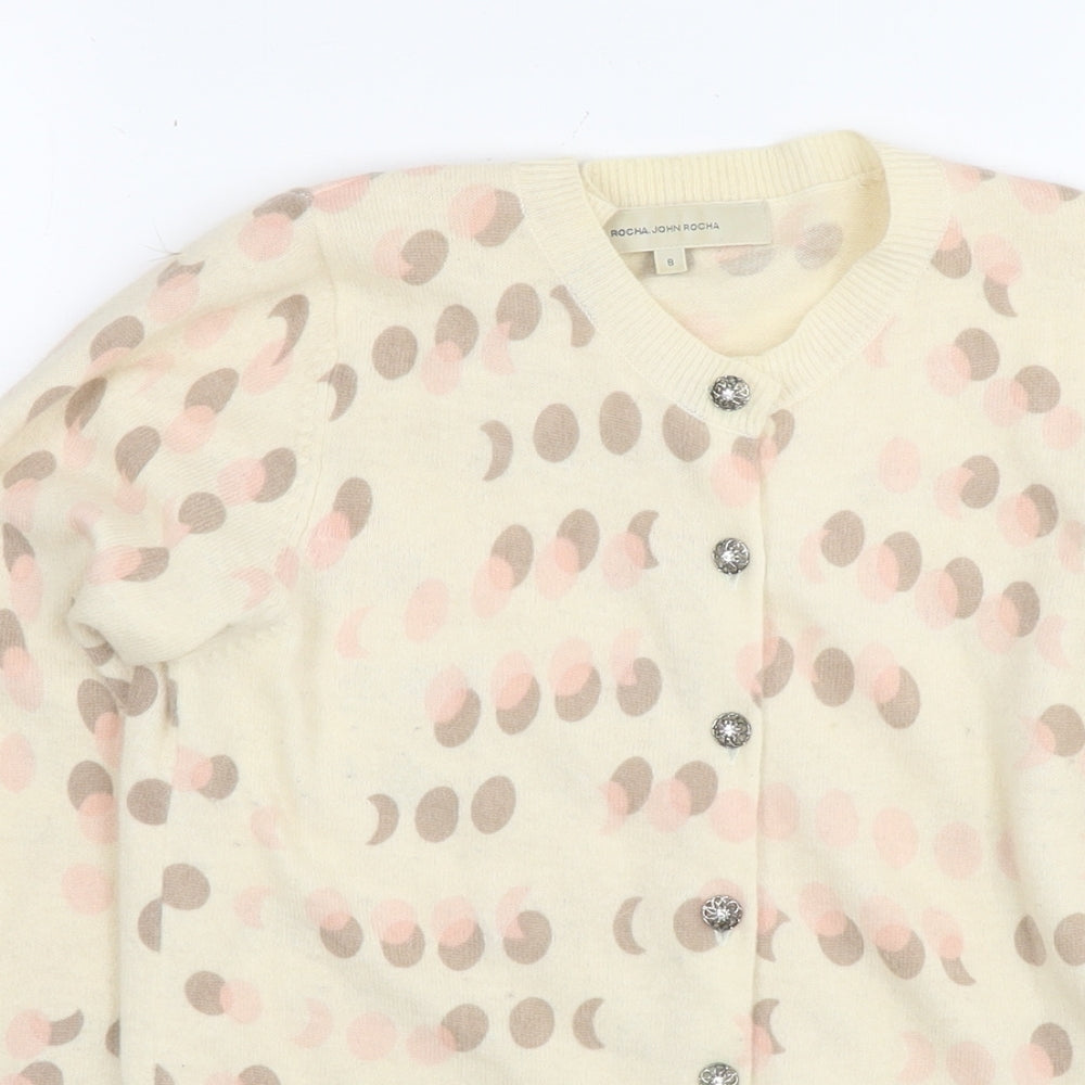 RJR.John Rocha Womens Beige V-Neck Polka Dot Wool Cardigan Jumper Size 8
