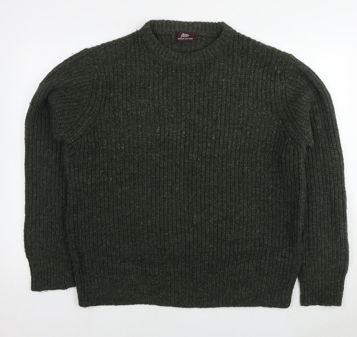 Marks and Spencer Mens Green Round Neck Wool Pullover Jumper Size L Long Sleeve
