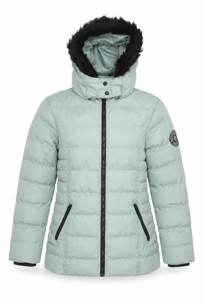 Front view of Brave Soul women’s blue quilted jacket, size UK 10, zip