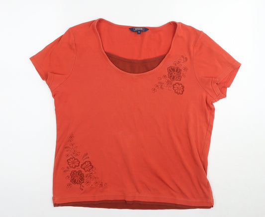 Maine Womens Red Cotton Basic T-Shirt Size 16 Round Neck - Flowers