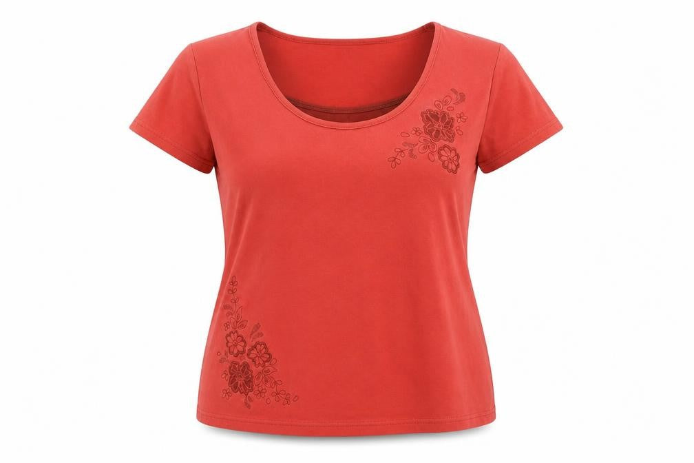 Front view of Maine New England women’s red cotton basic t-shirt, size UK 16, round neck - flowers