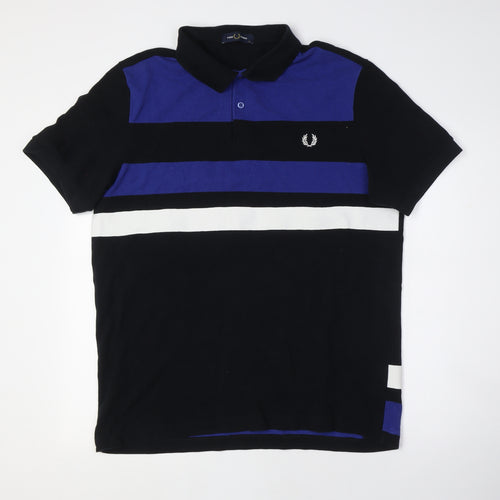 Fred Perry Men's Blue Black Colourblock Polo Shirt L